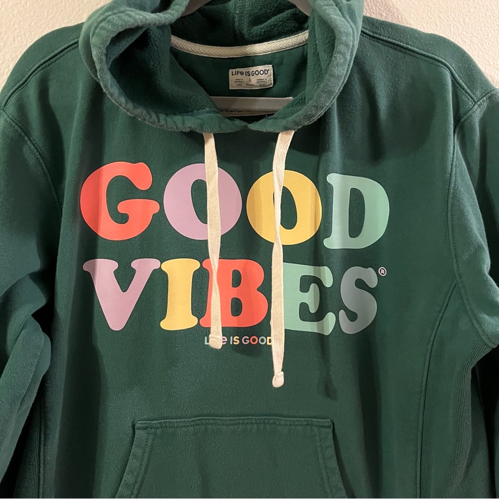 Life Is Good Teal Pullover Hoodie with Multicolor "GOOD VIBES" Graphic - Picture 2 of 10
